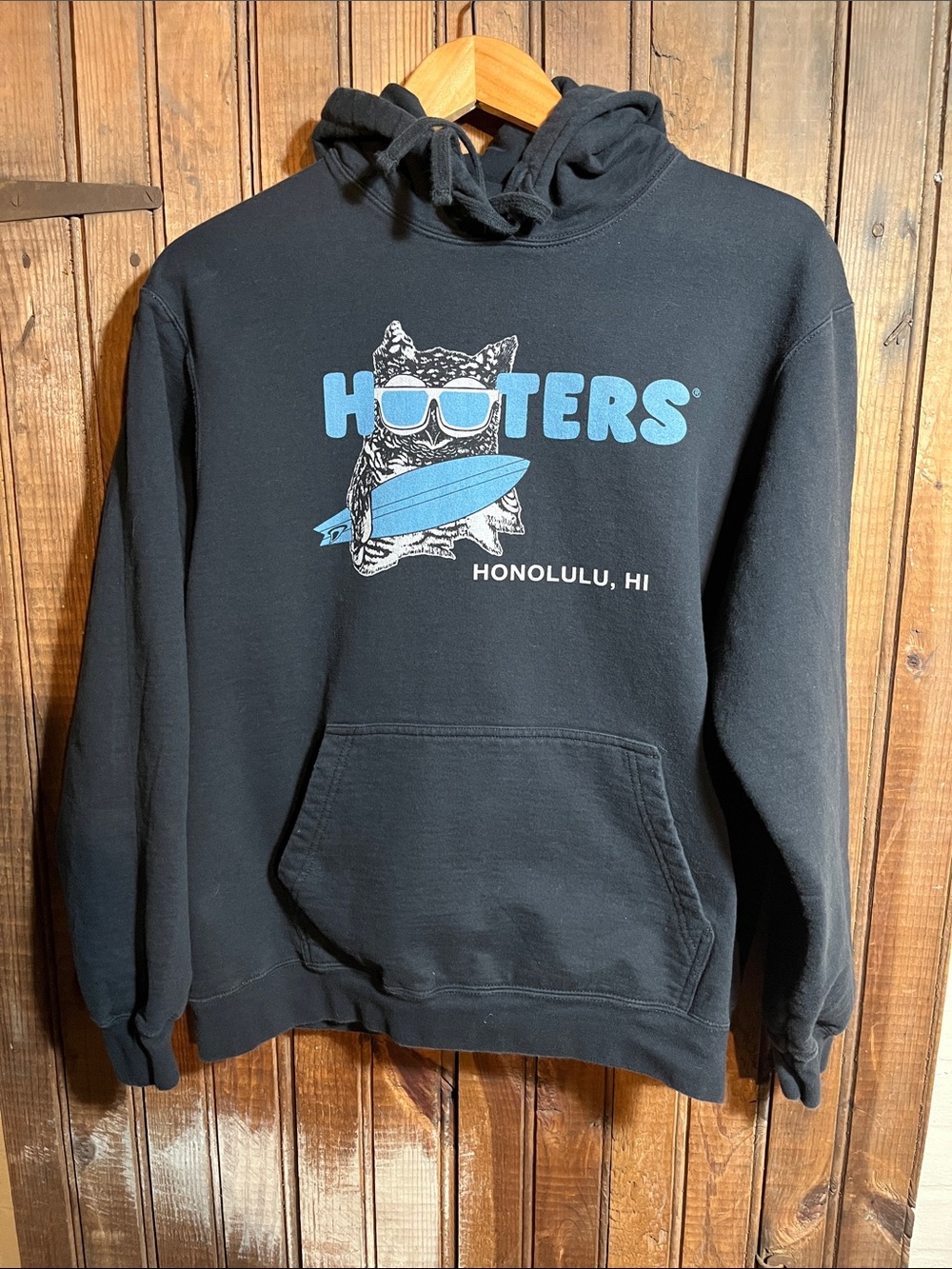 Hooters Black Hoodie with Light Blue Surf Logo